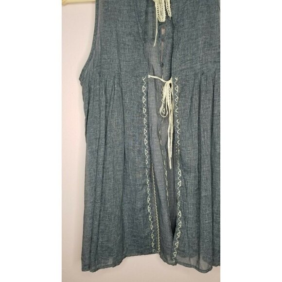 Ryu 100% Cotton Blue Semi Transparent Lace Accent Open Lower Back Blouse Size S - Picture 8 of 12